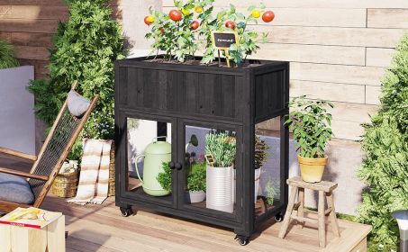 TOPMAX Patio 35.4''x17.7''x37.4'' Mini Wood Cold Frame, Compact 2 Doors Garden Greenhouse with Wheels, Raised Bed with Liner for Indoor Outdoor U